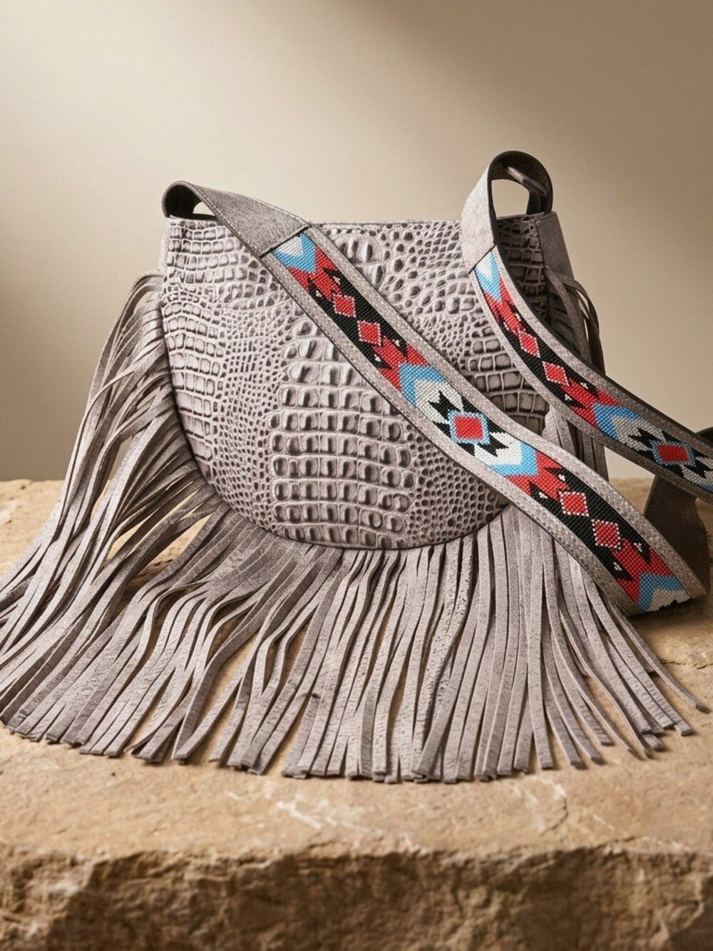 Boho Fringe Crossbody Statement Bag- Croc Embossed Metallic finish - Picture 3 of 4